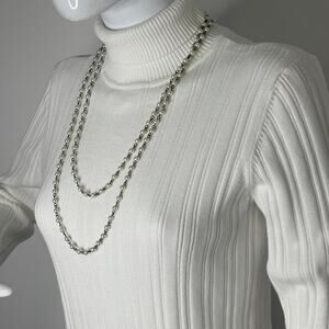 long gold tone faux pearl chain link necklace costume jewelry by Rachel signed